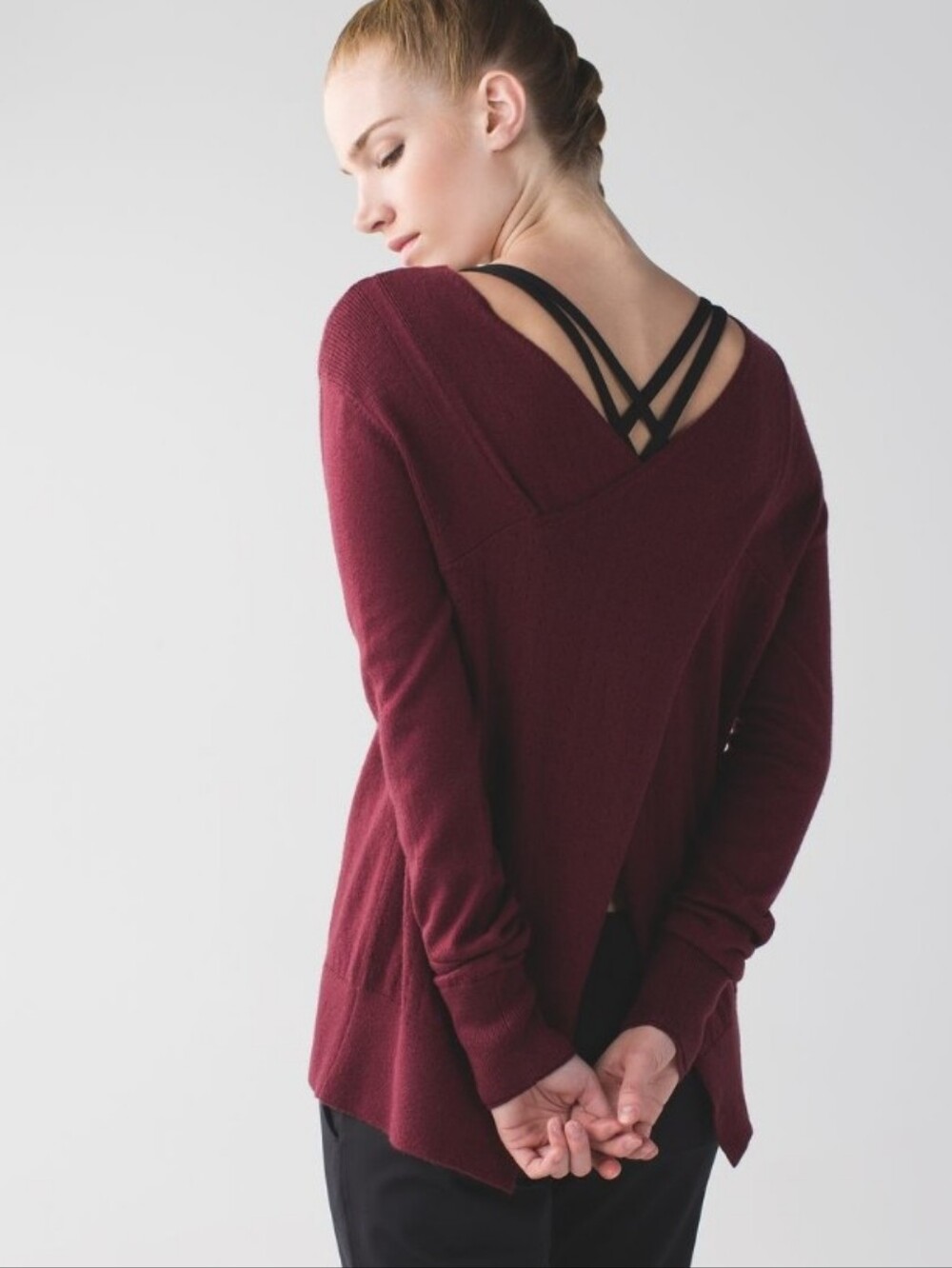 Lululemon Sunset Savasana Pullover‎ Wine Berry Merino Wool Open Back 6